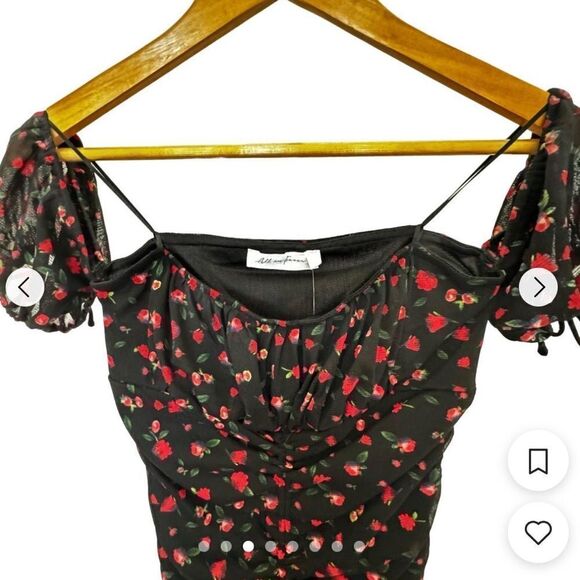 NWT All In Favor Women’s Black Mini Roses Off Shoulder Ruched Mini Dress Size L - Picture 2 of 10